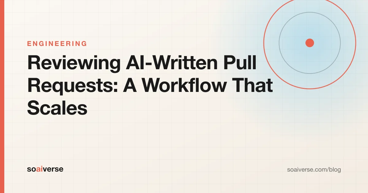 Branded illustration of a pull request diff under a magnifying glass with checklist ticks beside it, titled Reviewing AI-Written Pull Requests: A Code Review Workflow That Scales.