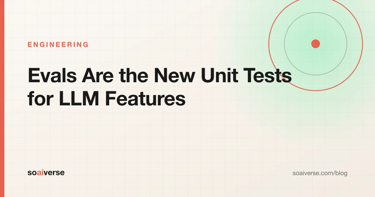 Branded illustration of a test runner report showing pass rates for language model outputs, titled Evals Are the New Unit Tests: Testing LLM Features Before They Reach Users.