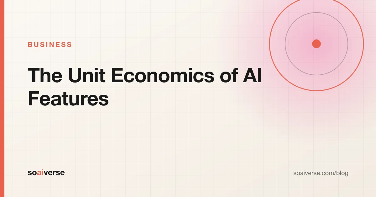 Branded Soaiverse illustration of token counts, latency and margin lines on a chart, with the title The Unit Economics of AI Features: Token Budgets, Latency, and Margins.